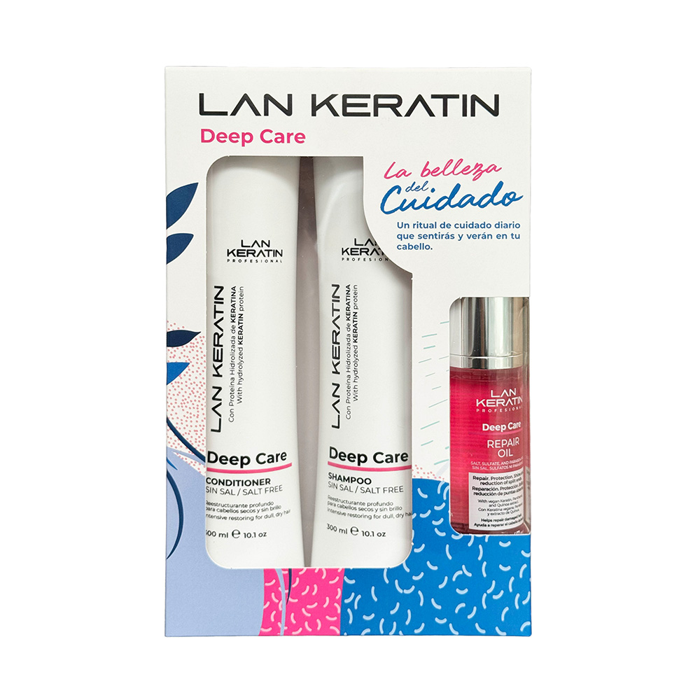 Pack Lan Keratin Deep Care - Shampoo + Acondicionador 300 ml + Hydrating Oil 47 ml